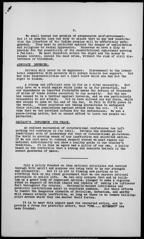 View document: Draft policy document for proposed political movement, 1934.