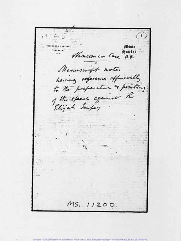View document: Notes, etc. on the 1st Earl of Minto's speeches against Impey.