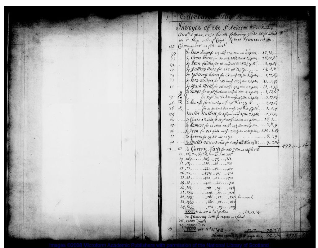 View document: Lists of goods shipped on various vessels, 1698.