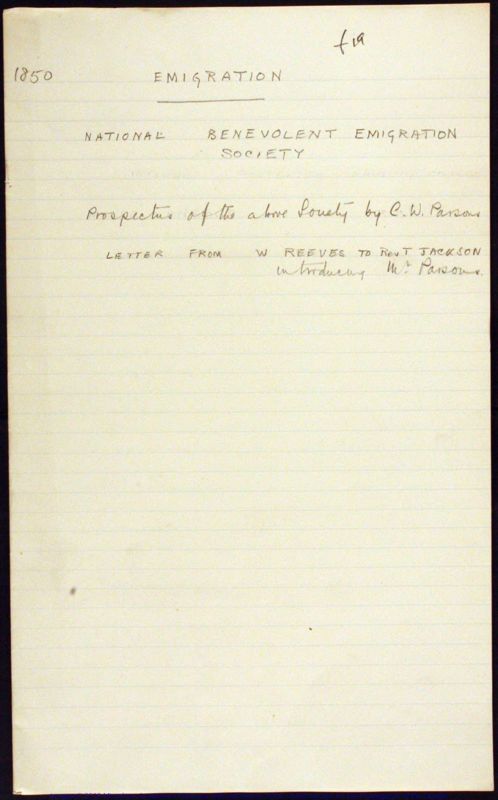 View document: Prospectus of National Benevolent Emigration Society.