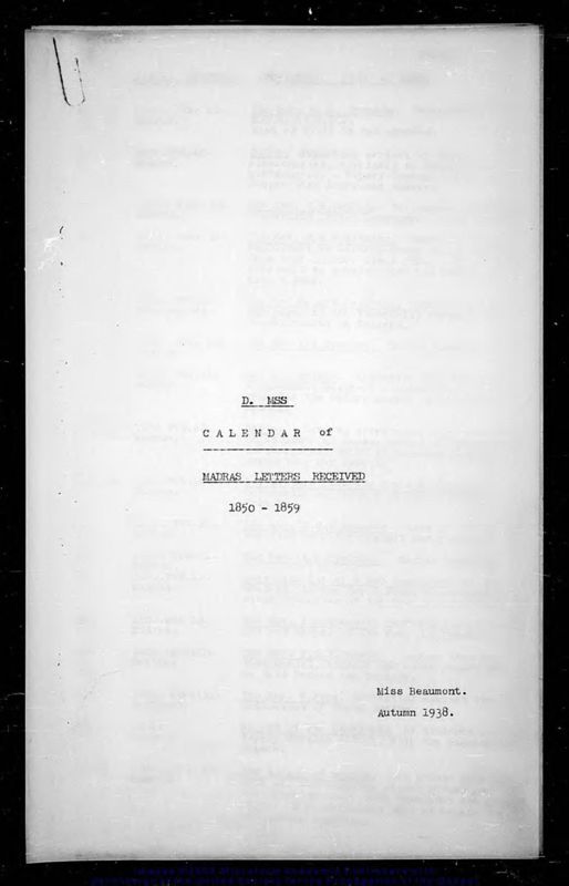 View document: Calendar of Madras letters letters received, 1850-1859.