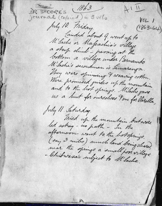 View document: Three volumes of Bishop Steere's diary 1863-68.