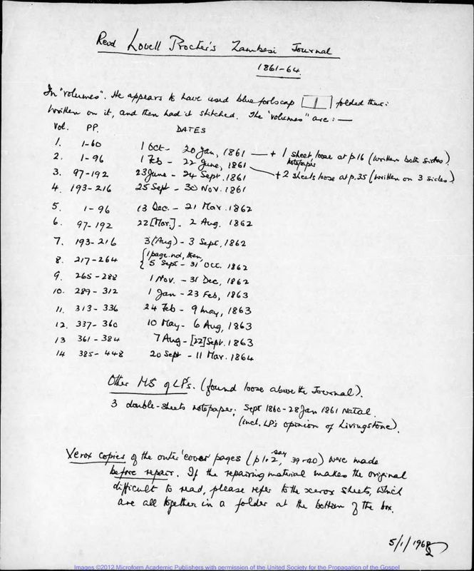 View document: Rev. Procter's Zambezi Journal 1861-64.