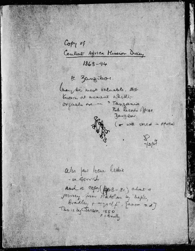 View document: Central African Mission Diary 1863-88.