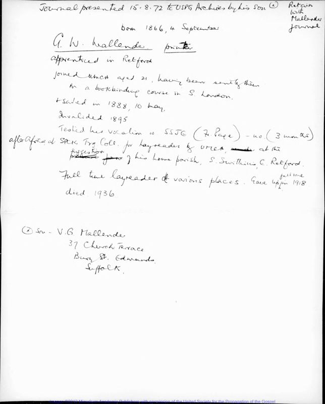 View document: The Journal of G.W. Mallendar and New Testament in Swahili.