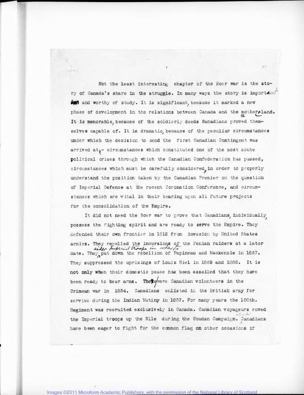 View document: Memorandum on events leading to Canadian participation in the South African War, c. 1902.