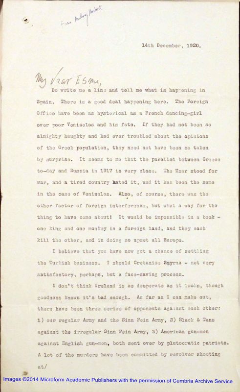 View document: Correspondence re. Howard's interest in British politics.