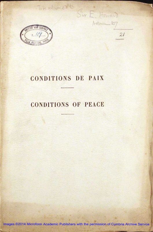 View document: Conditions of Peace Agreed at Versailles, 1919.