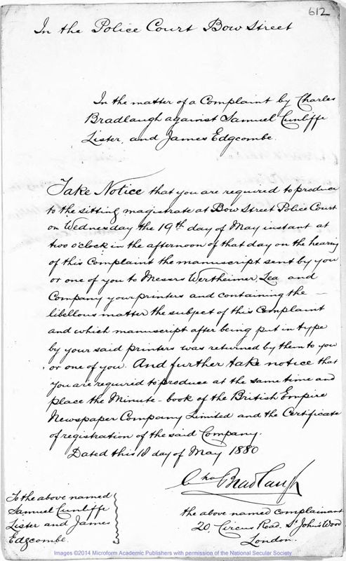 View document: Bradlaugh's Legal Battles, 1880 - 1889.