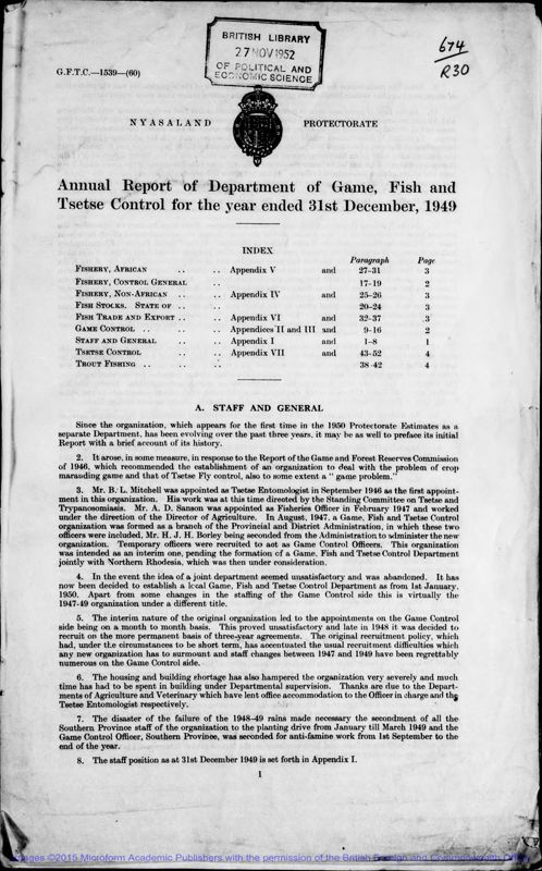 View document: Game, Fish and Tsetse Control 1949-1962.