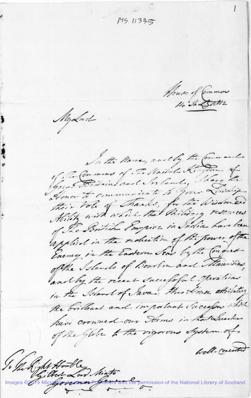 View document: Responses to the 1st Earl's resignation from India, 1812-1813.