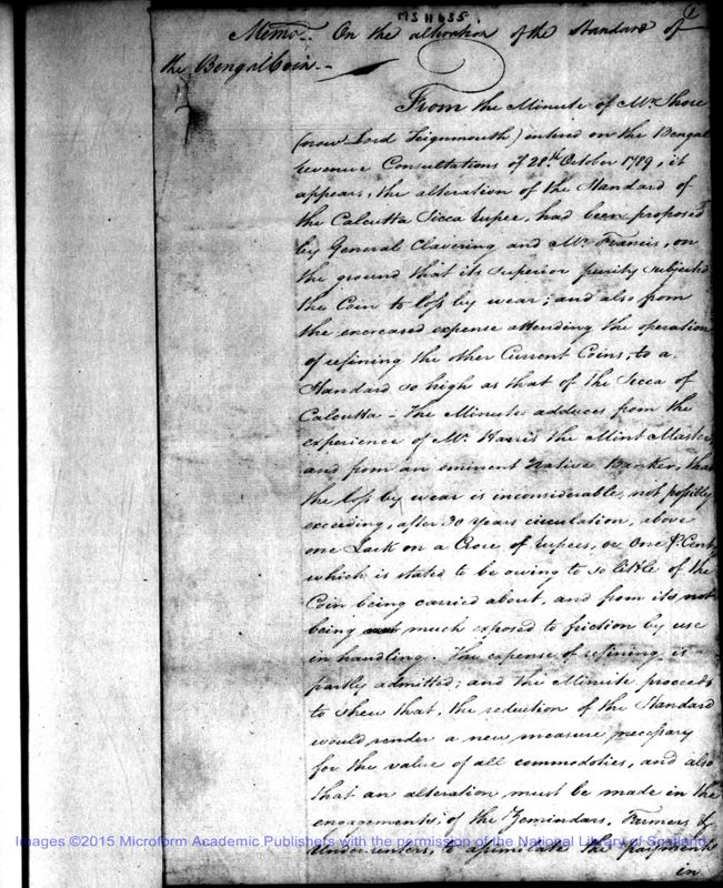 View document: Papers on coinage in Bengal, 1807-1809.