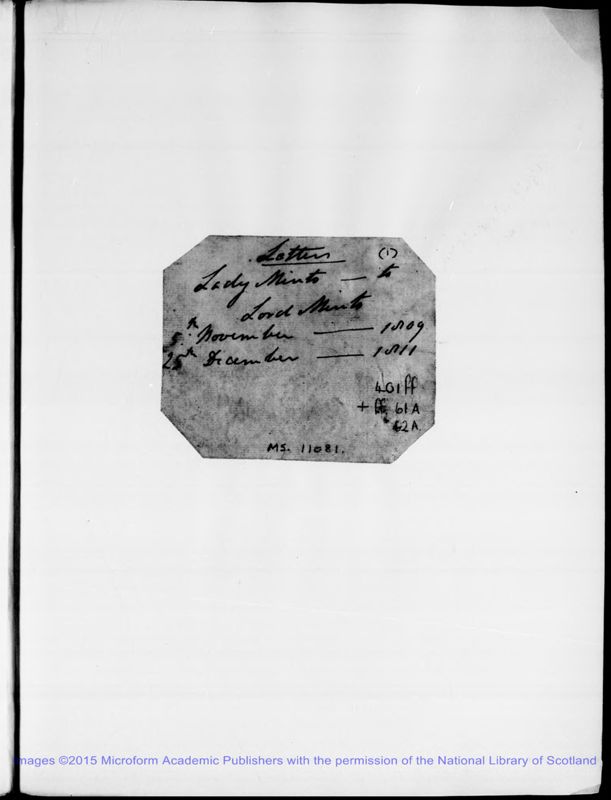 View document: Correspondence of the Countess of Minto to the 1st Earl, 1809-1811.