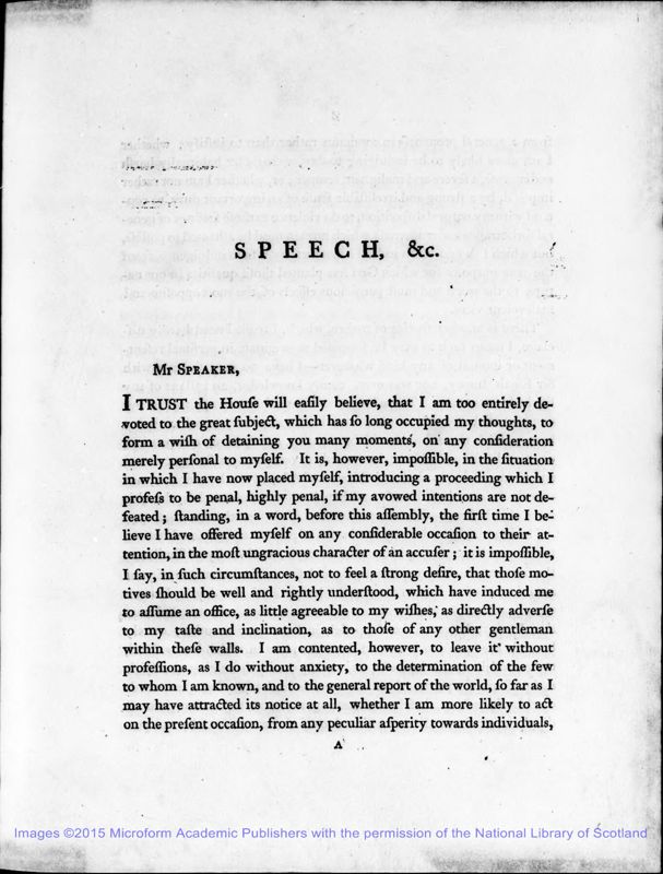 View document: A speech by the 1st Earl, in support of the charges against Impey, 1788.