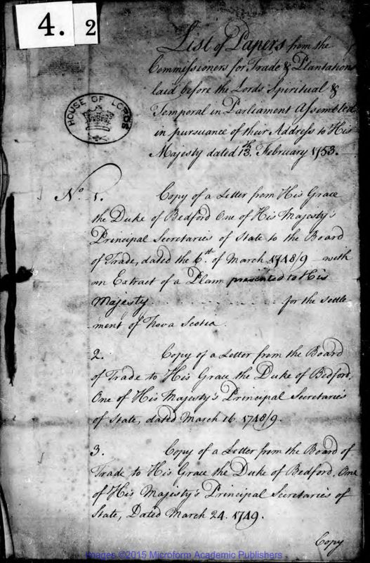 View document: Nova Scotia papers, part 2, 1749-1750.
