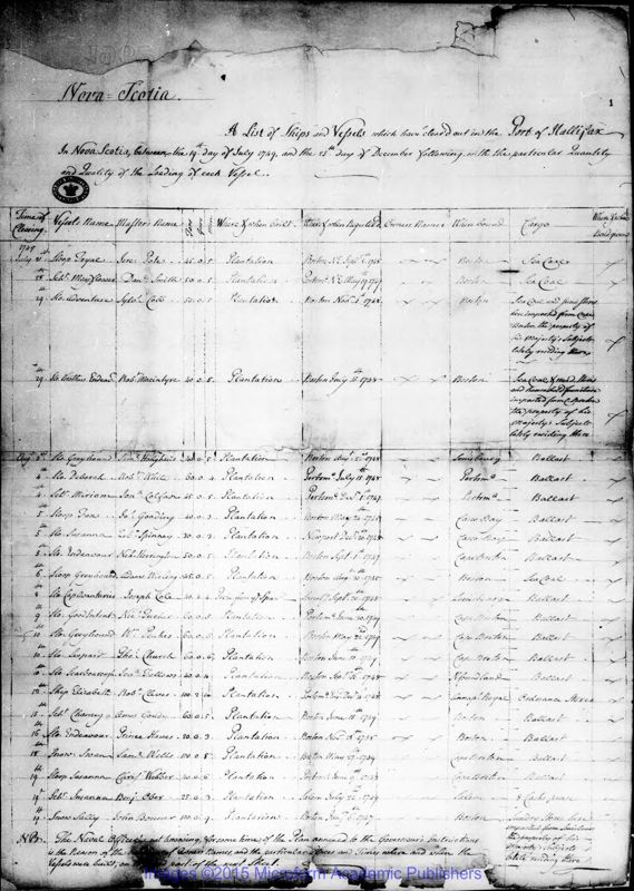 View document: Naval Office Shipping Lists for Nova Scotia, 1730-1820 pt1.