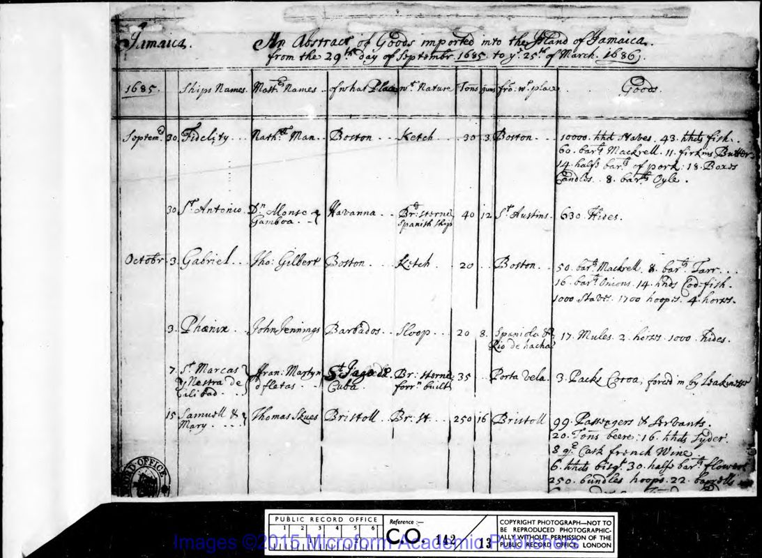 View document: Naval Office Shipping Lists for Jamaica, 1685-1818 pt1.