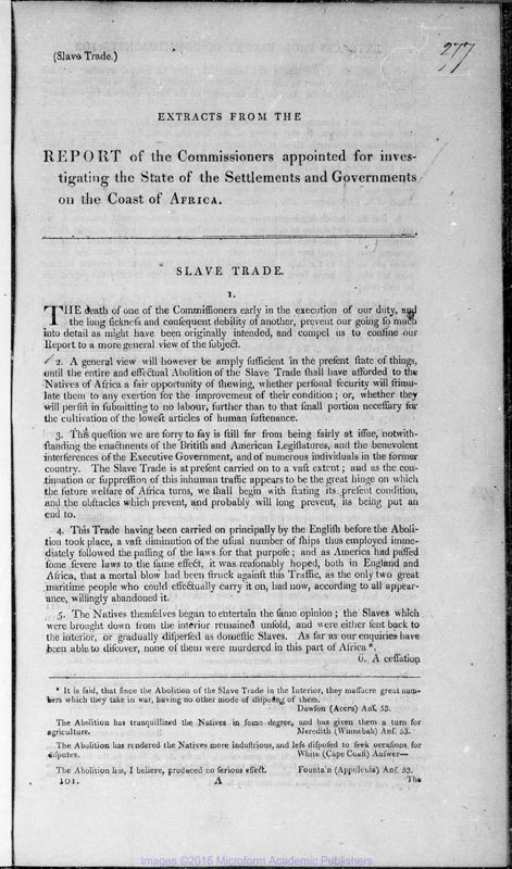 View document: Report of the Commissioners on African Settlements: report on the slave trade, 1811.