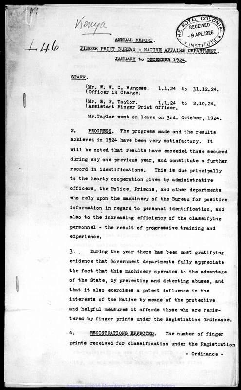 View document: Police and Finger Prints, 1924-1962.
