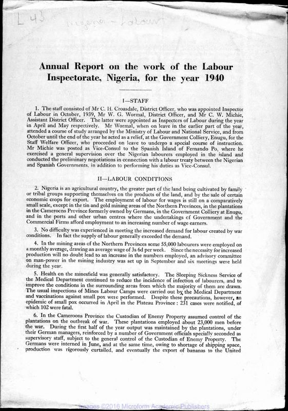 View document: Nigeria, Labour Inspectorate, 1940-1960.