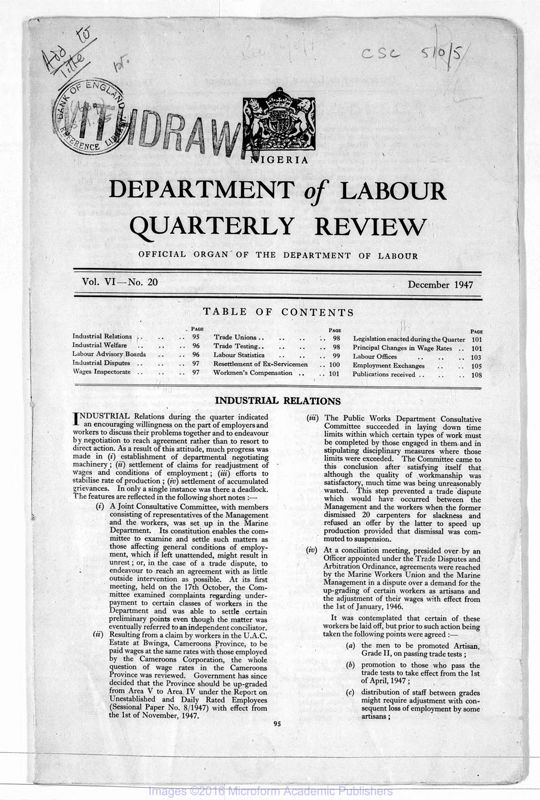 View document: Labour in Nigeria and its Eastern Region, 1947-1960.