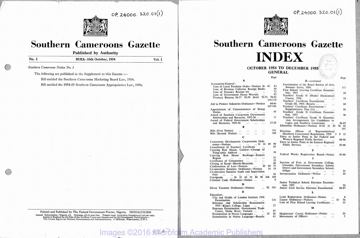 View document: Southern Cameroons Gazette, 1954-1957.