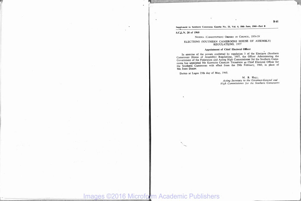 View document: Southern Cameroons Gazette, 1960-1961.