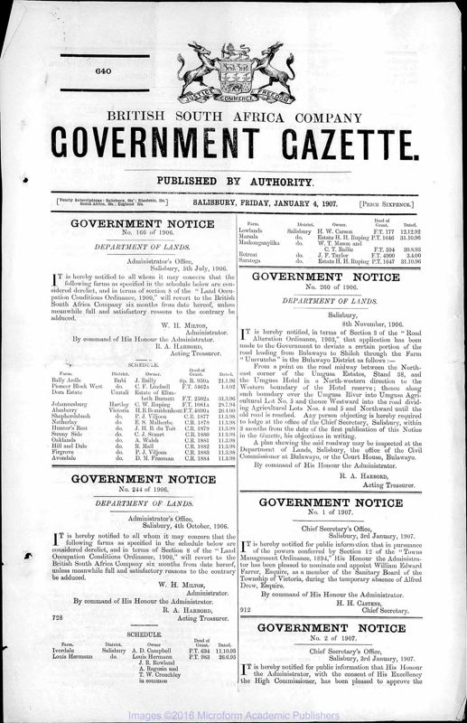 View document: Zimbabwe (Southern Rhodesia) Gazette, 1907-1909.