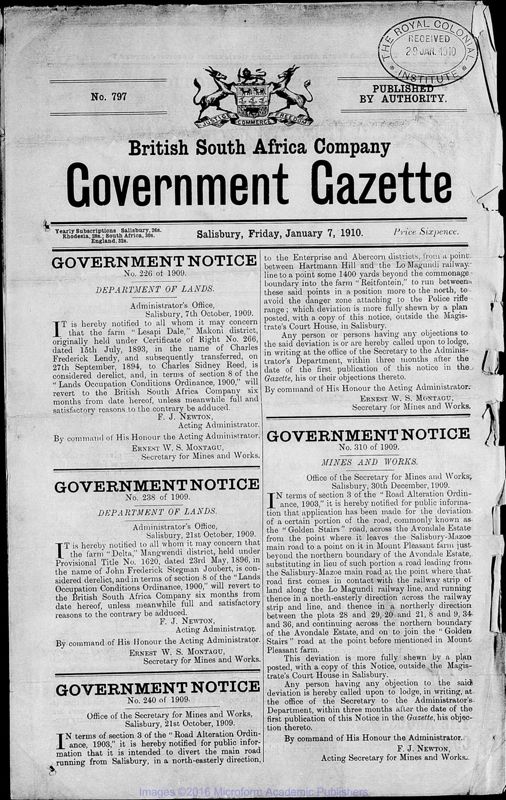 View document: Zimbabwe (Southern Rhodesia) Gazette, 1910-1912.