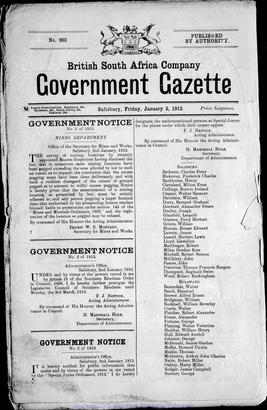 View document: Zimbabwe (Southern Rhodesia) Gazette, 1913-1914.