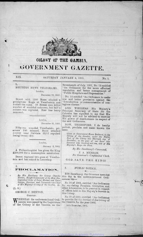 View document: Gambia Gazette, 1902-1904.
