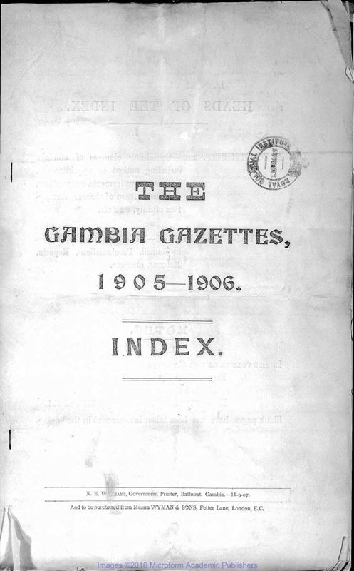 View document: Gambia Gazette, 1905-1907.
