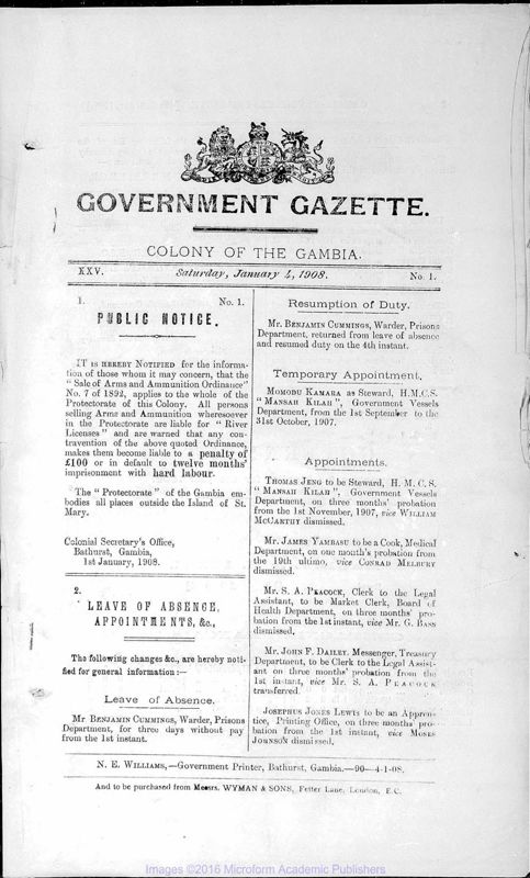 View document: Gambia Gazette, 1908-1909.