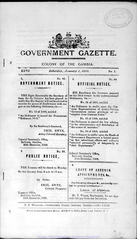 View document: Gambia Gazette, 1910-1911.
