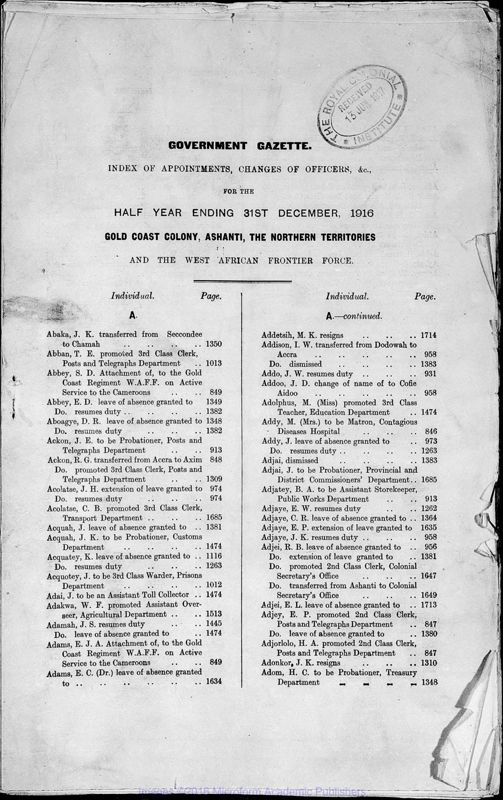 View document: Ghana (Gold Coast) Gazette, 1916 July-Dec with Supplements.