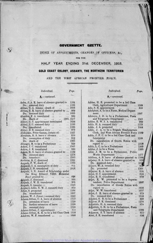 View document: Ghana (Gold Coast) Gazette, 1918 July-Dec with Supplements, part 1.