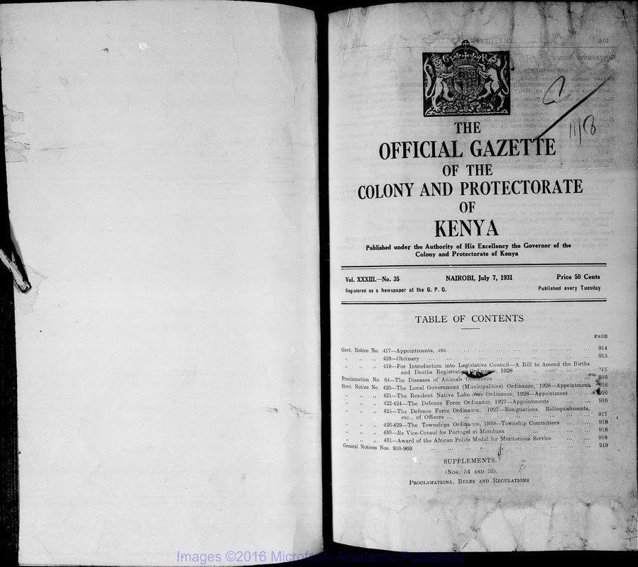 View document: Kenya Gazette, 1931 July-Dec.