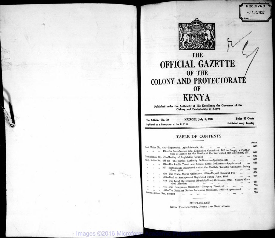 View document: Kenya Gazette, 1932 July-Dec.