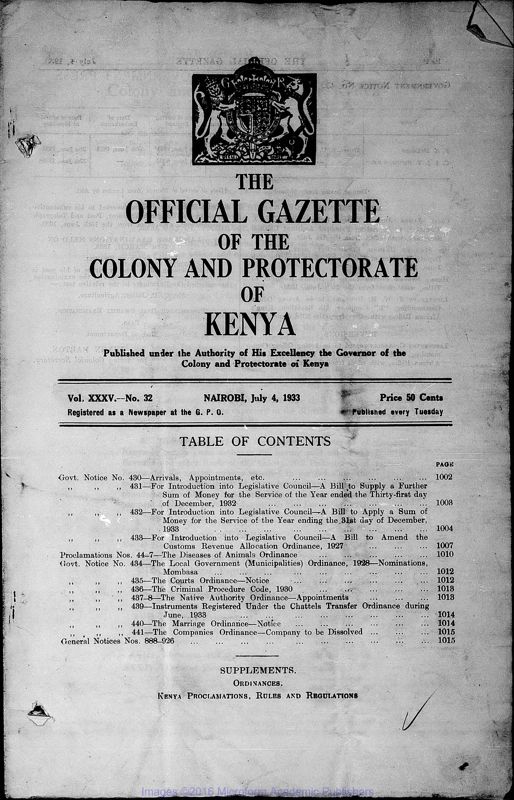 View document: Kenya Gazette, 1933 July-Dec.