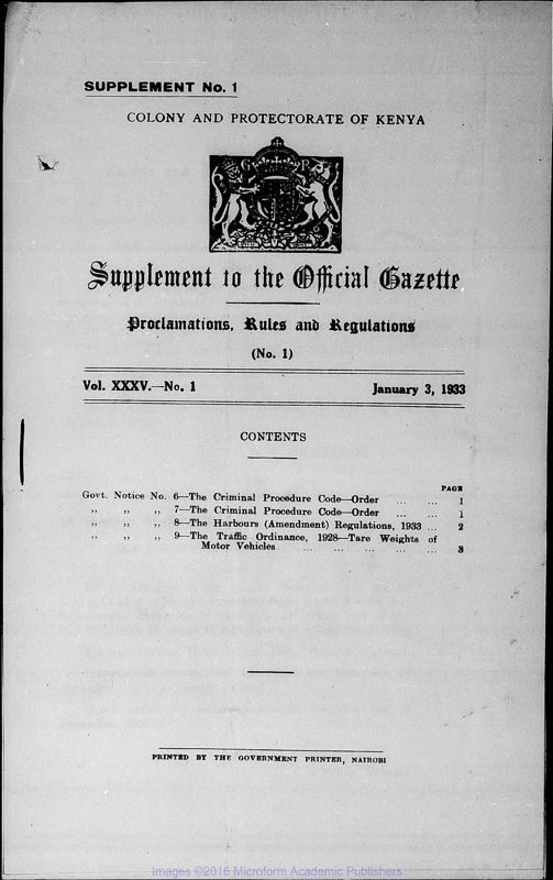 View document: Kenya Gazette Supplements, 1933.