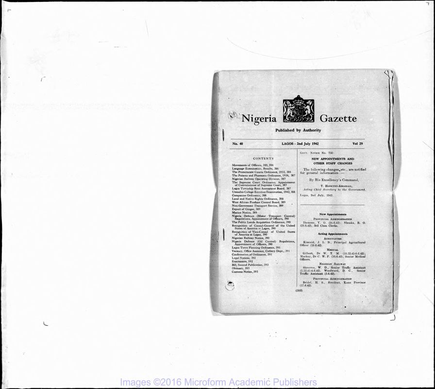 View document: Nigeria (Lagos) Gazette, 1942 July-Dec with Supplements.