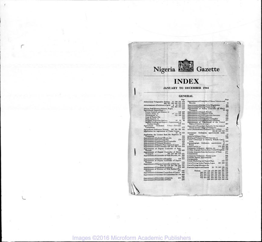 View document: Nigeria (Lagos) Gazette, 1944 Jan-June with Supplements.