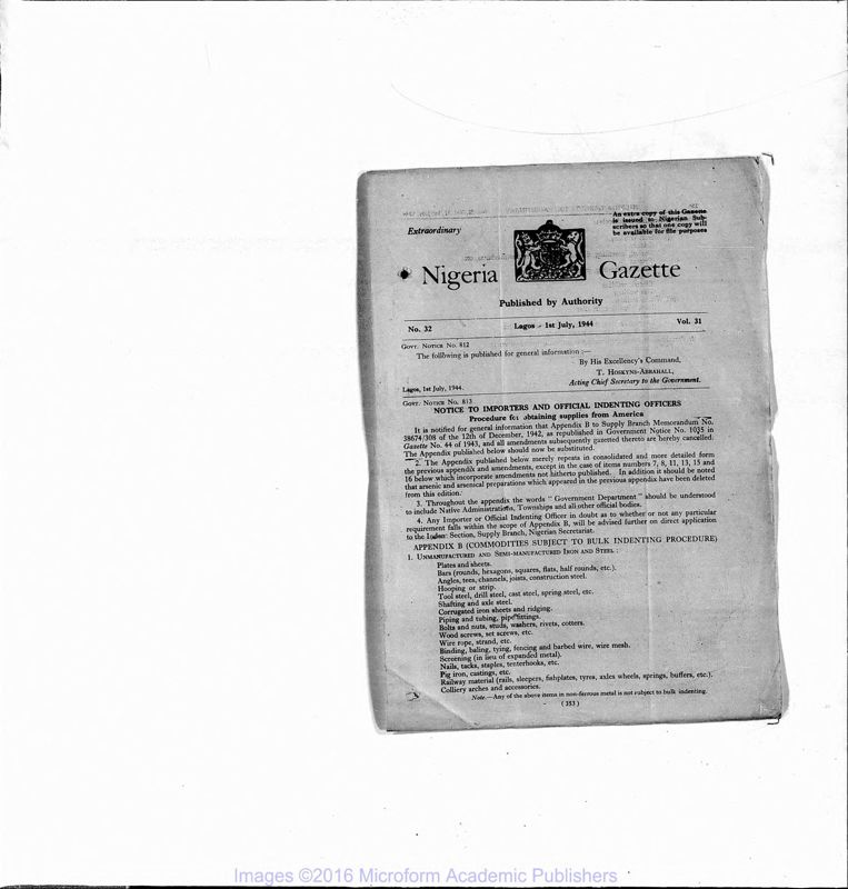 View document: Nigeria (Lagos) Gazette, 1944 July-Dec with Supplements.