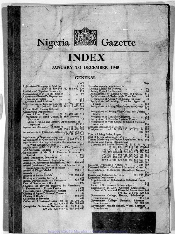 View document: Nigeria (Lagos) Gazette, 1945 Jan-June with Supplements.