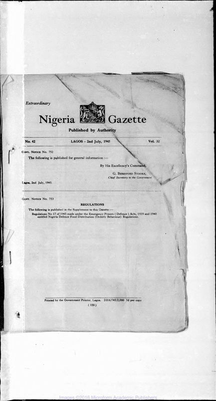 View document: Nigeria (Lagos) Gazette, 1945 July-Dec with Supplements.