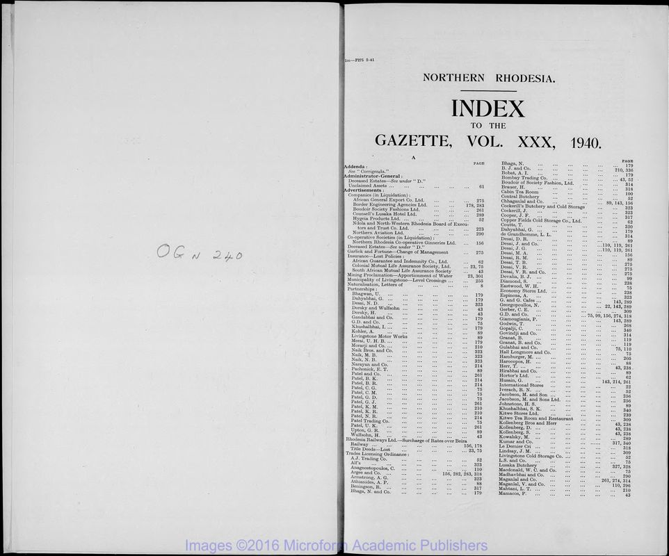 View document: Zambia (Northern Rhodesia) Gazette with Supplements, 1940, part 1.