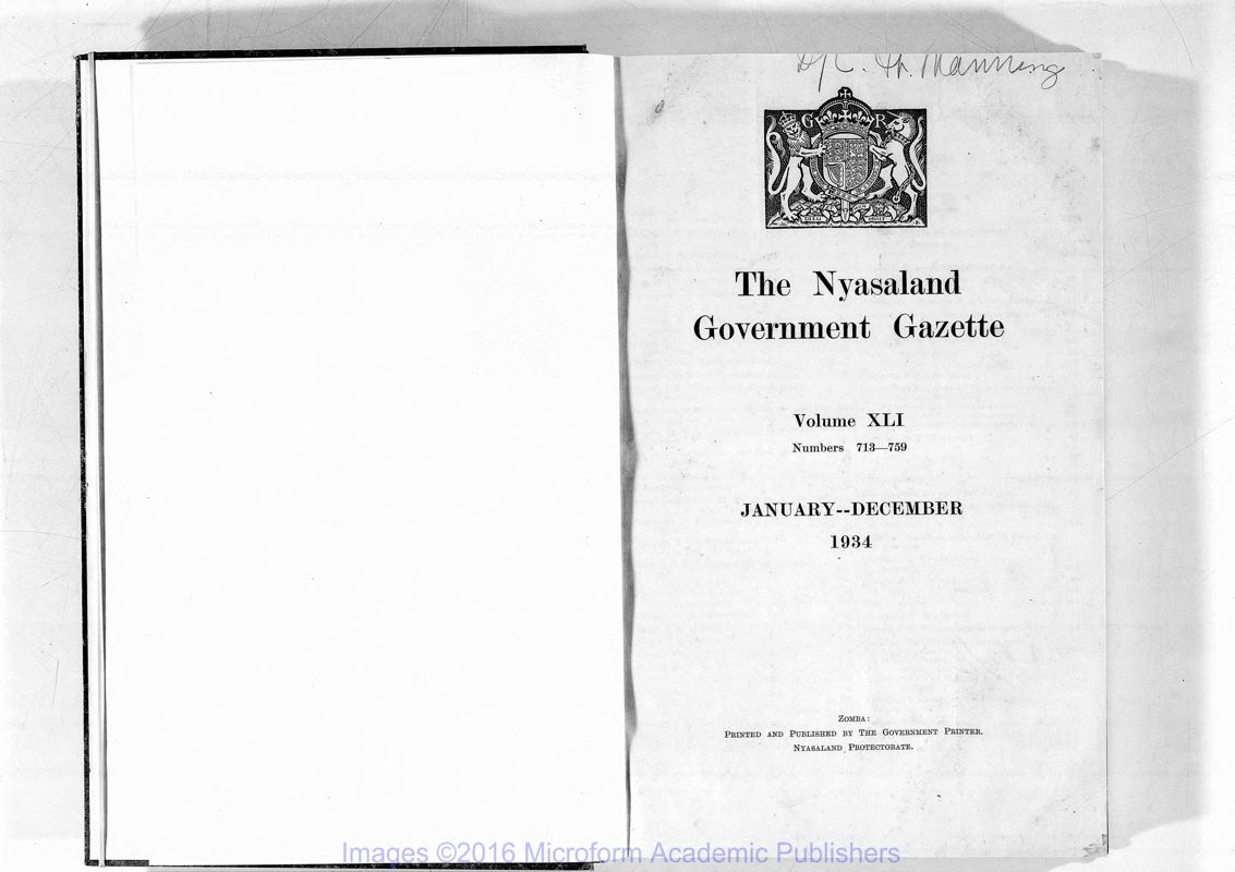 View document: Malawi (Nyasaland) Gazette with Supplements, 1934-1935.