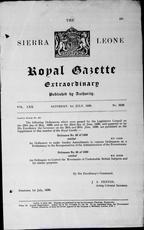 View document: Sierra Leone Gazette with Supplements, 1939, part 2.