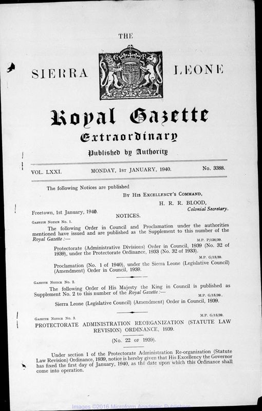 View document: Sierra Leone Gazette with Supplements, 1940, part 1.