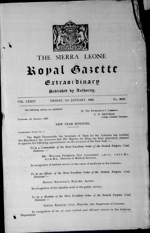 View document: Sierra Leone Gazette with Supplements, 1943.